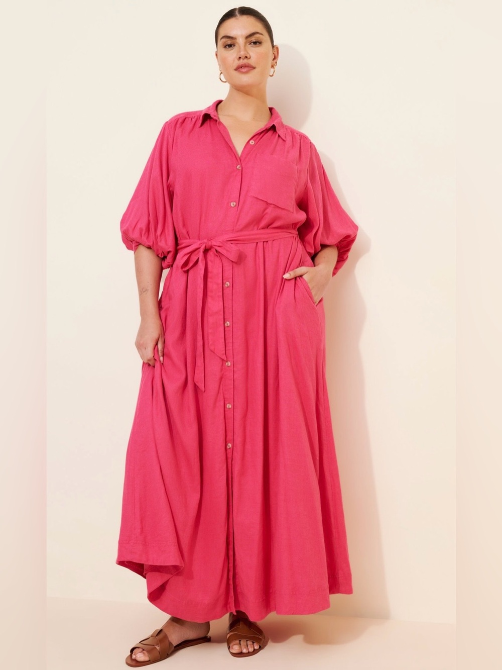 Anthropologie Maeve The Mona Linen Shirt Dress Raspberry Pink Size 1X